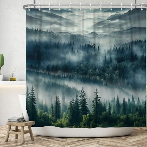 ASDCXZ Wald Duschvorhang 180x180 cm, Naturlandschaft Blau Grün Nebel Wald Dschungel Berggipfel Wolke Bad Waschbar Duschvorhänge Polyester Textil Wasserdicht Badevorhang für Badewanne mit 12 Haken von ASDCXZ