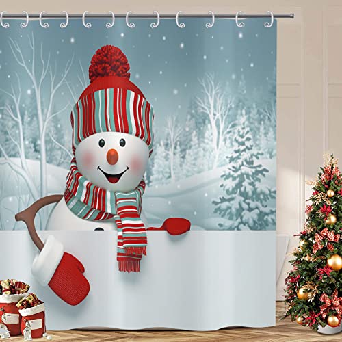 ASDCXZ Weihnachten Duschvorhang 180x180 cm, Niedlich Rot Hut Schneemann Skifahren Schneelandschaft Bad Waschbar Duschvorhänge Polyester Textil Wasserdicht Duschvorhang für Badewanne mit 12 Haken von ASDCXZ