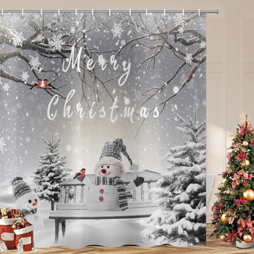 ASDCXZ Weihnachten Duschvorhang 180x180 cm, Winter Weihnachtlich Niedlich Schneemann Weihnachtsbaum Waschbar Bad Duschvorhänge Polyester Textil Wasserdicht Duschvorhang für Badewanne mit 12 Haken von ASDCXZ