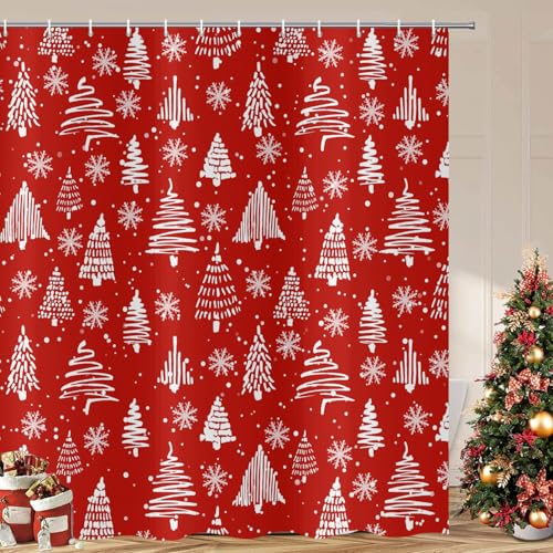ASDCXZ Weihnachten Duschvorhang 180x200 cm, Winter Weihnachtlich Weiß Weihnachtsbaum Schneeflocke Rot Waschbar Bad Duschvorhänge Polyester Textil Wasserdicht Duschvorhang für Badewanne mit 12 Haken von ASDCXZ