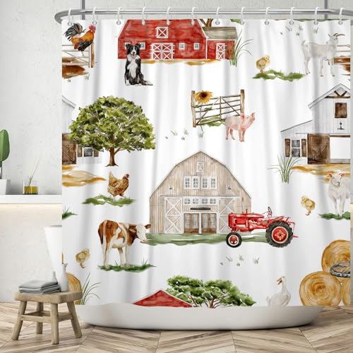 Bauernhof Duschvorhang 180x220 cm, ASDCXZ Rustikaler Bauernhof Rot Scheune Tier Schwein Huhn Kuh Hund Schafe Waschbar Duschvorhänge Polyester Textil Wasserdicht Duschvorhang für Badewanne mit 12 Haken von ASDCXZ