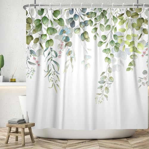 Blätter Duschvorhang 165x180 cm, ASDCXZ Frühling Einfachheit Blau Grün Eukalyptusblätter Rose Blumen Weiß Bad Waschbar Duschvorhänge Polyester Textil Wasserdicht Badevorhang für Badewanne mit 12 Haken von ASDCXZ