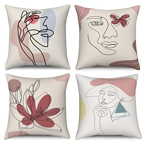 Boho Kissenbezug 40x40 cm 4er Set, Modern Abstrakt Kunst Mädchen Gesicht Blume Sofa Kissen Bezug Dekokissen Kissenbezüge Kissenhülle Waschbar Polyester Flachs Textil Outdoor Polster Kopfkissenbezug von ASDCXZ