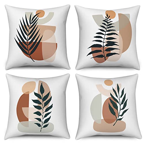 Boho Kissenbezug 45x45 cm 4er Set, Modern Abstrakt Kunst Palm Blätter Weiß Sofa Kissen Bezug Dekokissen Kissenbezüge Kissenhülle Waschbar Polyester Flachs Textil Outdoor Polster Kopfkissenbezug von ASDCXZ