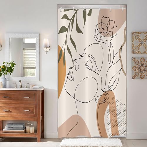 ASDCXZ Duschvorhang Beige 90x180 cm Boho Style, Modern Abstrakt Kunst Mädchen Gesicht Blume Grün Blätter Wasserdicht Duschvorhang für Badewanne mit 6 Haken von ASDCXZ