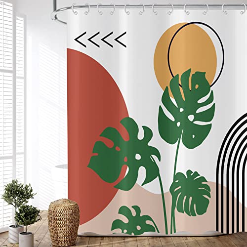 ASDCXZ Duschvorhang Boho Style 165x180 cm, Modern Abstrakt Kunst Boho Grün Blätter Kreisförmig Halbkreis Linie Weiß Waschbar Duschvorhänge Textil Wasserdicht Duschvorhang für Badewanne mit 12 Haken von ASDCXZ