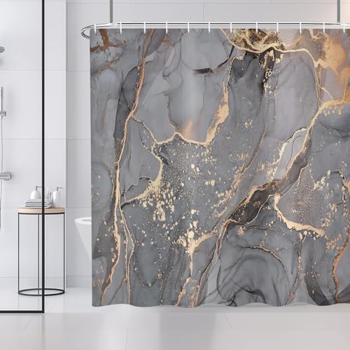 ASDCXZ Duschvorhang Grau Gold Marmor 180x180 cm, Modern Abstrakt Grau Gold Schwarz Marmor Optik Textur Waschbar Bad Duschvorhänge Polyester Textil Wasserdicht Duschvorhang für Badewanne mit 12 Hake von ASDCXZ