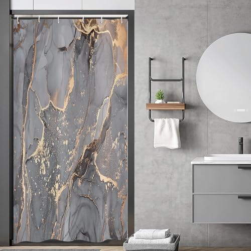 ASDCXZ Duschvorhang Grau Gold Marmor 90x180 cm, Modern Abstrakt Grau Gold Schwarz Marmor Optik Textur Waschbar Bad Duschvorhänge Polyester Textil Wasserdicht Duschvorhang für Badewanne mit 6 Hake von ASDCXZ