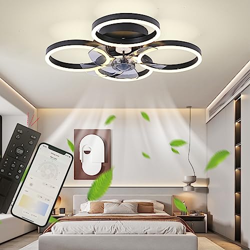Deckenventilator mit Beleuchtung, Modern 64W LED Dimmbar Black Deckenleuchte mit Ventilator und Fernbedienung APP Timer, Ø 60CM 4 Rund Lichter Design für Schlafzimmer Küche Wohnzimmer (4 Runden) von ASDMD