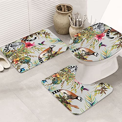 ASEELO 3 Stück Badezimmer Teppiche Set Tiere Lemur Blumen Muster Bad Duschmatte und U-förmiger WC-Vorleger mit Deckel Abdeckung für Badewanne Dusche Badezimmer von ASEELO