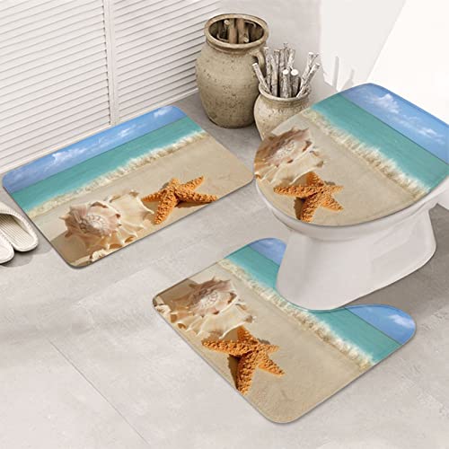 ASEELO 3-teiliges Badezimmerteppich-Set Sommer Seestern Muschel Bad Duschmatte und U-förmiger WC-Teppich mit Deckelbezug für Badewanne Dusche Badezimmer von ASEELO