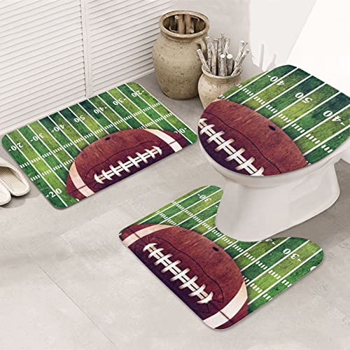 ASEELO American Football Field and Ball Badezimmerteppich-Set, 3-teilig, Konturenmatte, rutschfeste Teppiche, saugfähige Badematten, für Badezimmer, Dusche von ASEELO