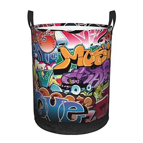 Graffiti Hip Hop Wäschekorb, groß, wasserdicht, faltbar, mit Griffen, rund, für schmutzige Kleidung von ASEELO