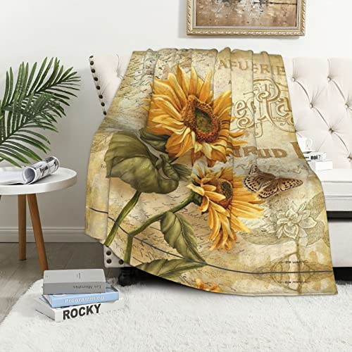 Retro Sonnenblume Flanell Überwurf Decke für Sofa Luxus Bett Decke Dekoration für Mädchen Frauen Herren (101,6 x 152,4 cm) von ASEELO