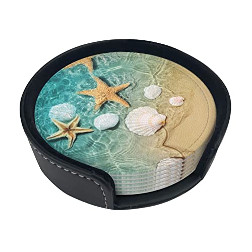 Untersetzer mit Seestern und Muscheln, 6 Stück Leder-Untersetzer, für Getränke, saugfähig, mit Aufbewahrungsbox Untersetzer mit Seestern und Muscheln, 6 Stück Leder-Untersetzer, für Getränke, saugfähig, mit Aufbewahrungsbox von ASEELO