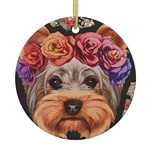Yorkie Floral Christmas Decorations, Round Ceramic Crafts for Christmas Trees, Homes, Officees, Shopping Malls, Holiday Decorations. von ASEELO