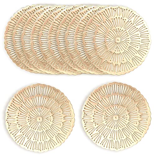 ASFINS Untersetzer Gold, 12 Stück Untersetzer Gläser Tischset Rund Vinyl Hohl Platzsets Abwischbar PVC Tischuntersetzer für Küche, Zuhause, Speisetisch (12 x 12cm) von ASFINS