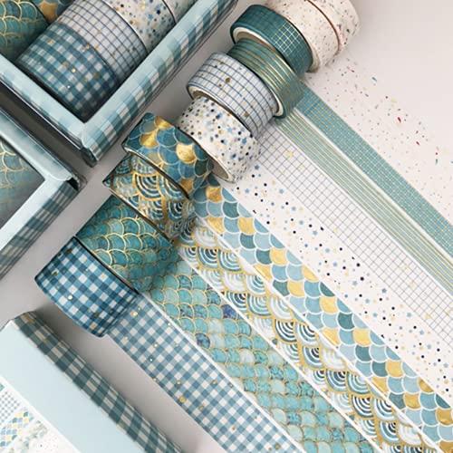 ASFINS Washi Tape Set, 10 Rollen Washi Aufkleber Dekoratives Klebeband, Gold Stamping Masking Tapes für Bastler, verschönert Journals, Planer, Karten und Scrapbooking, (10/15/20mm x 3m)-Blau von ASFINS