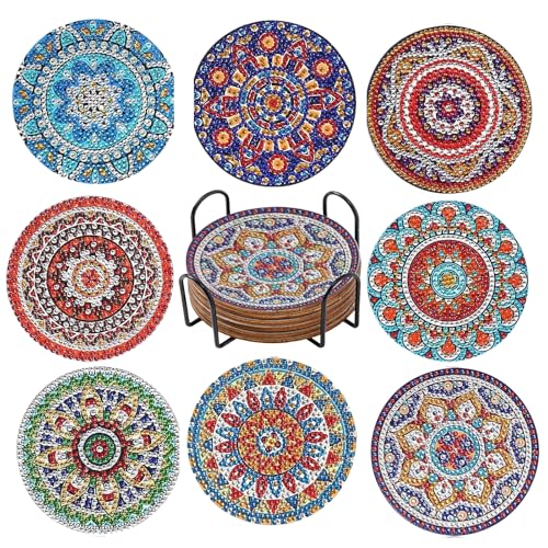 Diamond Painting Untersetzer 8er Set Wiederverwendbare DIY Mandala Tassenuntersetzer mit Halter und Diamant-Malsets für Anfänger Erwachsene Kinder Küchendeko Geschenk von ASFWAGQ