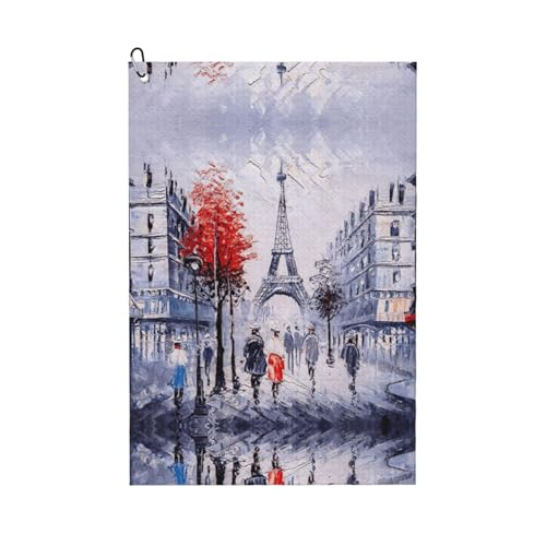 ASFgda Golf Paris City Tree Eiffelturm Kunst bedruckte Handtücher, Mikrofaser Waffelmuster, geeignet für Golftaschen mit Karabinern von ASFgda