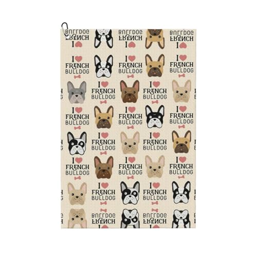 ASFgda Handtücher mit Aufdruck "I Love French Bulldogge", Mikrofaser, Waffelmuster, geeignet für Golftaschen mit Karabinern. von ASFgda