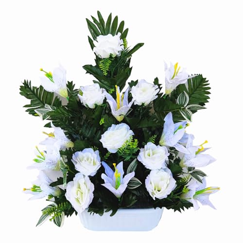 ASGRADO Künstliche Blume für Friedhof, 45 x 50 cm, inklusive 1 künstlichen Blumen und Kerze, Weiß von ASGRADO