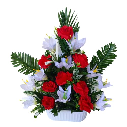 ASGRADO Künstliche Blume für Friedhof, 45 x 50 cm, mit 1 künstlichen Blumen und Kerze, Rot von ASGRADO