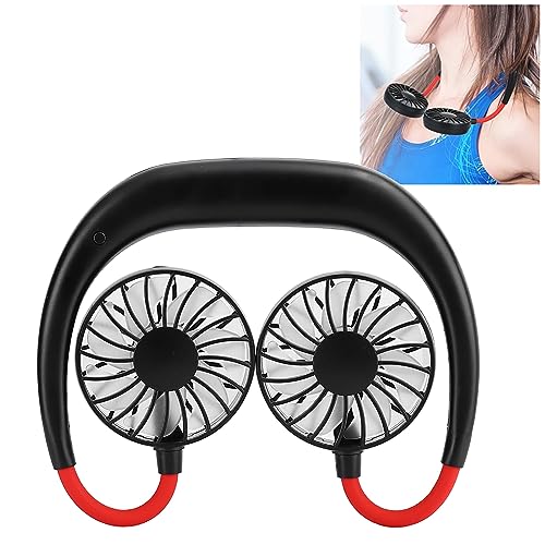 ASHATA Fan Tragbarer -Halsbandlüfter Dual Desktop USB Wiederaufladbarer 3-Gang Neck Hanging Klappbarer Handventilator für Camping Veranstaltungen Im Freien (Schwarz Rot) von ASHATA