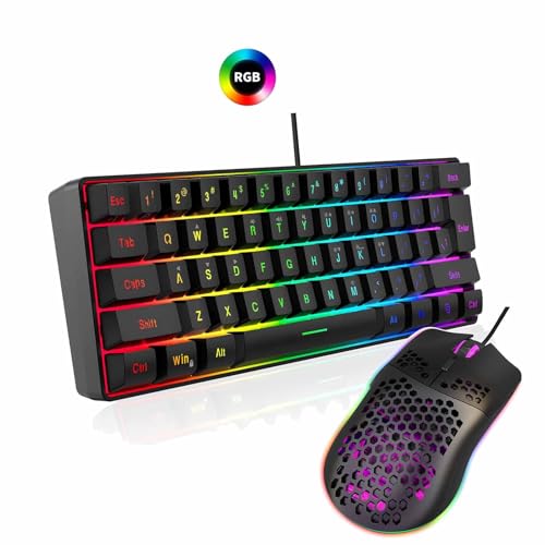 ASHATA Gaming -Tastatur und Mauskombination, RGB Backlit 61 Tasten Tastatur 6400 DPI Ergonomische Maus mit Multimedia -Funktionstasten für PC -Computerspiele (schwarzes Set) von ASHATA
