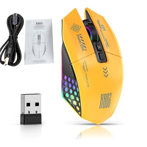 ASHATA Wireless Gaming Maus, 3 Mode Kabel/BT/2,4G Ergonomisches Mausspiel, 12000 DPI, RGB Hintergrundleuchtung, Wiederaufladbar, für PC Laptop Computer (Yellow) von ASHATA