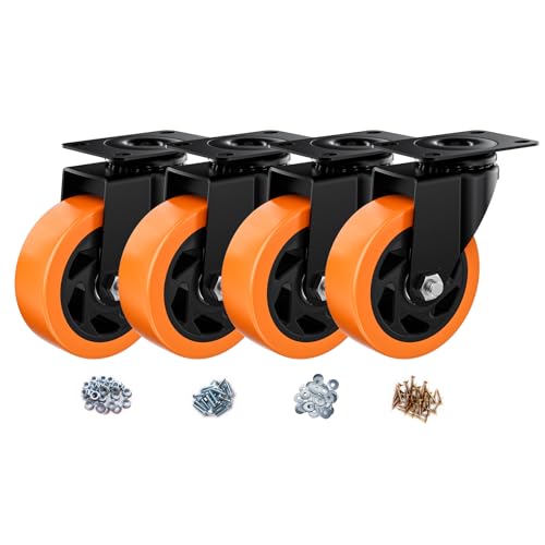 ASHGOOB 10,2 cm große Lenkrollen, 4 Stück, strapazierfähig, orangefarbene PU-Rollen, industrielle Schwenkplatte für Werkbank/Möbel/Wagen (4 Stück) von ASHGOOB