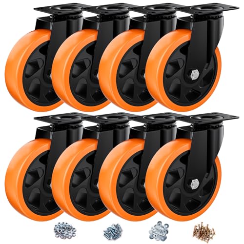 ASHGOOB 12,7 cm große Lenkrollen, 8 Stück, strapazierfähig, orangefarbene PU-Rollen, industrielle Schwenkplatte für Werkbank/Möbel/Wagen (8 Stück) von ASHGOOB