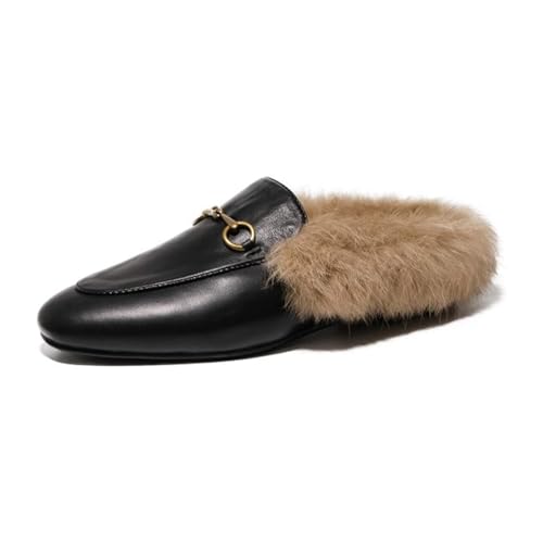 ASIAD Damen Flache Slingbacks, Pantoletten mit Fell Leder Slipper Clogs Damen Mules Warm Loafers Schuhe Geeignet,Schwarz,36 von ASIAD