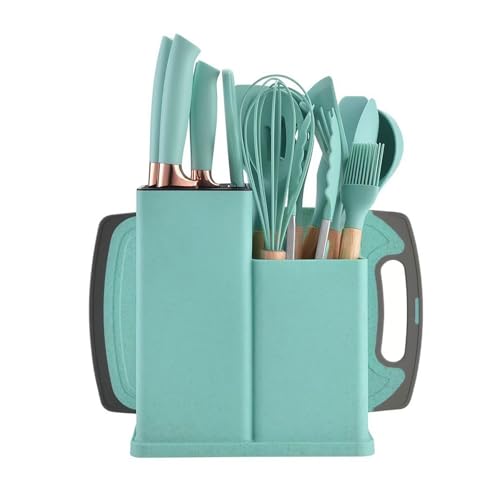 ASIAD Küchenmesser Set 19 Teiliges Küchenutensilien Set Silikon Küchenhelfer Set mit 12 Kochutensilien,5 Messern,Schneidebrett und Halter,Spülmaschinengeeignet,Grün von ASIAD
