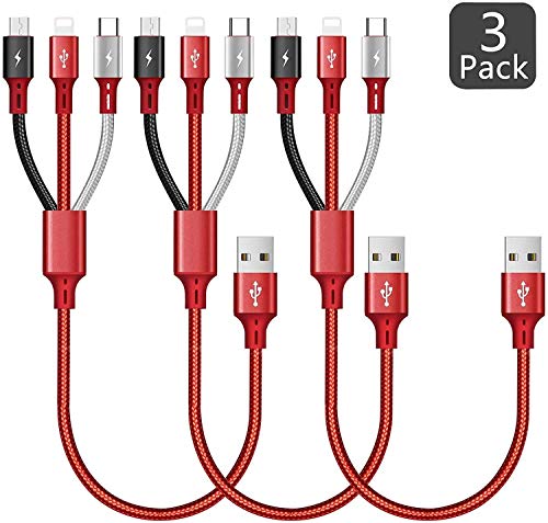 ASICEN Multi USB Ladekabel 3A, 35cm 3-in-1 USB Kabelanschluss mit Telefon/Micro USB/Typ C Anschluss für iP 12 11 Xs Xr X 8 7 6 5/Galaxy S10 S9 S8 S7/Pixel/LG/Tablets/Xiaomi/Huawei(rot) (Red) von ASICEN