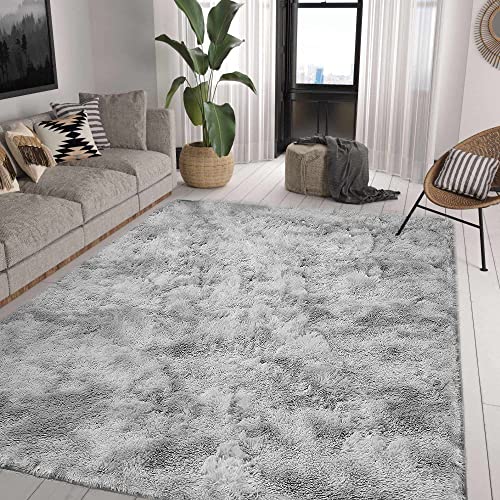 ASIinnsy Hochflor Teppich Wohnzimmer Flauschig Shaggy Weich Modern Grau Teppich Schlafzimmer Kinderzimmer Deko Langflor Teppiche Groß rutschfest Plüsch-Teppiche (Grau Weiß, 160 x 200 cm) von ASIinnsy