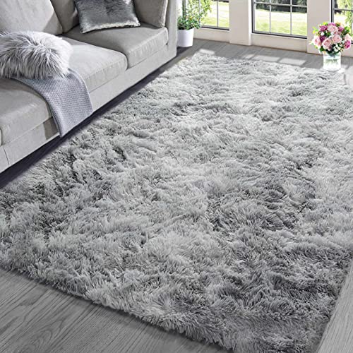 ASIinnsy Hochflor Teppich Wohnzimmer Flauschig Shaggy Weich Modern Grau Teppich Schlafzimmer Kinderzimmer Deko Langflor Teppiche Groß rutschfest Plüsch-Teppiche (Grau Weiß, 200 x 200 cm) von ASIinnsy