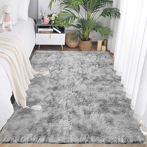 ASIinnsy Hochflor Teppich Wohnzimmer Flauschig Shaggy Weich Modern Grau Teppich Schlafzimmer Kinderzimmer Deko Langflor Teppiche Groß rutschfest Plüsch-Teppiche (Grau Weiß, 80 x 200 cm) von ASIinnsy