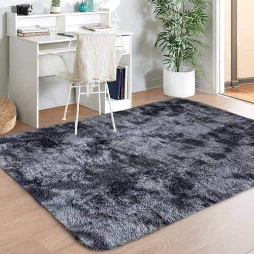 ASIinnsy Hochflor Teppich Wohnzimmer Flauschig Shaggy Weich Modern Grau Teppich Schlafzimmer Kinderzimmer Deko Langflor Teppiche Groß rutschfest Plüsch-Teppiche (Schwarzgrau, 120 x 200 cm) von ASIinnsy