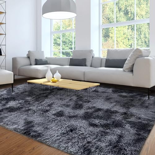 ASIinnsy Hochflor Teppich Wohnzimmer Flauschig Shaggy Weich Modern Grau Teppich Schlafzimmer Kinderzimmer Deko Langflor Teppiche Groß rutschfest Plüsch-Teppiche (Schwarzgrau, 160 x 200 cm) von ASIinnsy