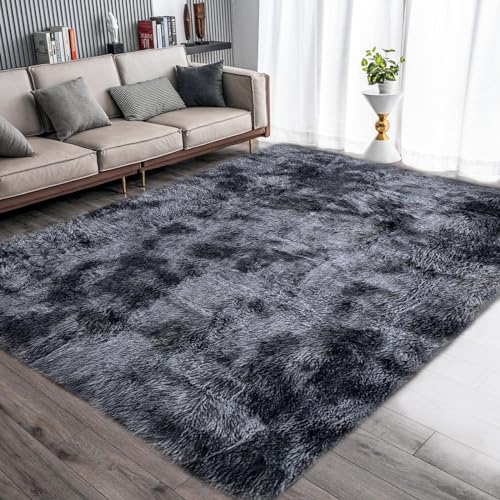 ASIinnsy Hochflor Teppich Wohnzimmer Flauschig Shaggy Weich Modern Grau Teppich Schlafzimmer Kinderzimmer Deko Langflor Teppiche Groß rutschfest Plüsch-Teppiche (Schwarzgrau, 160 x 230 cm) von ASIinnsy