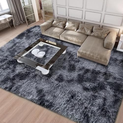 ASIinnsy Hochflor Teppich Wohnzimmer Flauschig Shaggy Weich Modern Grau Teppich Schlafzimmer Kinderzimmer Deko Langflor Teppiche Groß rutschfest Plüsch-Teppiche (Schwarzgrau, 250 x 300 cm) von ASIinnsy