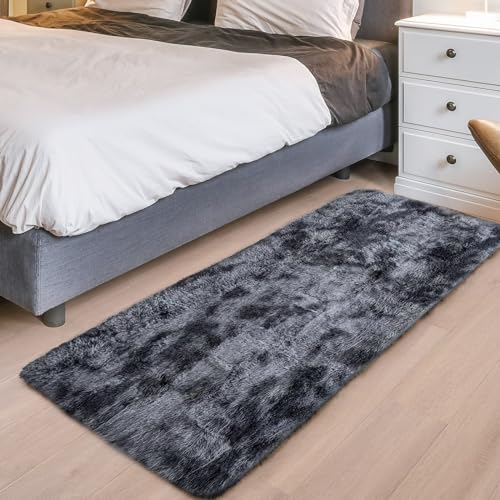 ASIinnsy Hochflor Teppich Wohnzimmer Flauschig Shaggy Weich Modern Grau Teppich Schlafzimmer Kinderzimmer Deko Langflor Teppiche Groß rutschfest Plüsch-Teppiche (Schwarzgrau, 80 x 200 cm) von ASIinnsy