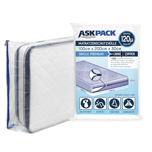 ASK Pack Matratzenschutzhüllen mit Anker-Reißverschluss - Größen von XS bis XXL, Wasserdicht, Reißfest, Ultra Starkes Material bis zu 120 mikron - Ideal für Umzug, Lagerung und Transport - 100x200 cm von ASK Pack