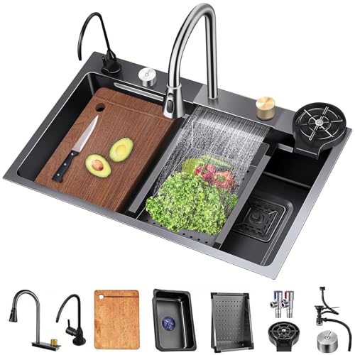 ASKLFNEI 75cm Küchenspüle, Nano Edelstahl Wasserfall-Art Stahl einzelne Schüssel Waschbecken, Drop In Große Kapazität Workstation Waschbecken mit Multifunktionszubehör,29.5in(80x45x22cm) von ASKLFNEI