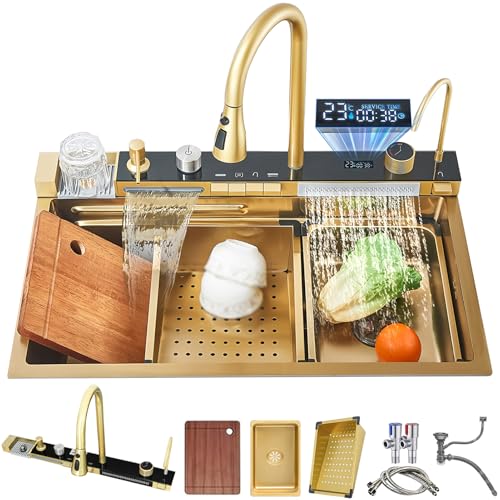 ASKLFNEI 75x45cm Gold Küchenspüle, Mit Ausziehbarem Wasserhahn, Tassenspüle, Ablaufgarnituren, Große Küchenarbeitsplatz-Spülbecken, Einzelbecken-Wasserfallspüle, Bauernhaus-Spüle ASKLFNEI 75x45cm Gold Küchenspüle, Mit Ausziehbarem Wasserhahn, Tassenspüle, Ablaufgarnituren, Große Küchenarbeitsplatz-Spülbecken, Einzelbecken-Wasserfallspüle, Bauernhaus-Spüle von ASKLFNEI