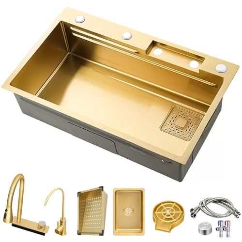 ASKLFNEI 80x50cm Goldene Wasserfall-Küchenspüle, Einzelbecken, Edelstahl-Barspüle Mit Ausziehbarem Wasserhahn, Booster-Unterlegscheibe, Schneidebrett Und Anderem Zubehör ASKLFNEI 80x50cm Goldene Wasserfall-Küchenspüle, Einzelbecken, Edelstahl-Barspüle Mit Ausziehbarem Wasserhahn, Booster-Unterlegscheibe, Schneidebrett Und Anderem Zubehör von ASKLFNEI