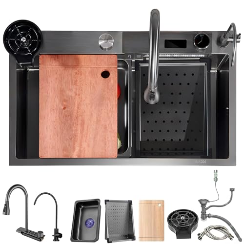 Drop In Wasserfall Küchenspüle, Einzelne Schüssel Bauernhaus Spüle, Edelstahl Küchenbar Spüle, Multifunktionale Workstation Spüle, Mit Cup Rinser, Abfluss Zubehör(B,85x45x21cm) von ASKLFNEI