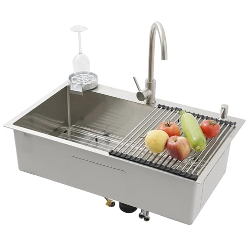 ASKLFNEI 80x50cm Großformatige Einzelspüle, Edelstahl-Spüle, Mit Abtropfkorb & Wasserhahn inkl,Glasreinigungs-Set Für Küche & Bar, Robuste Küchenspüle, Geschirrspülbecken von ASKLFNEI
