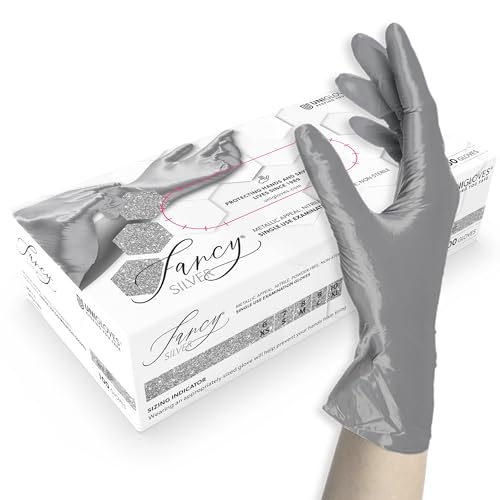 Unigloves Nitrilhandschuhe Unigloves FANCY Silver - glänzend silber - Einweghandschuhe unsteril, latexfrei, puderfrei - Lebensmittelecht • Schutz vor Viren, Pilzen und Bakterien (L (8-9)) von UNIGLOVES